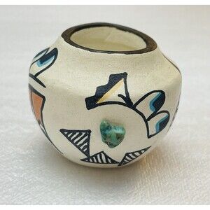 Native American Art Handmade Hand Painted Pottery Vase Miniature Signed CRW